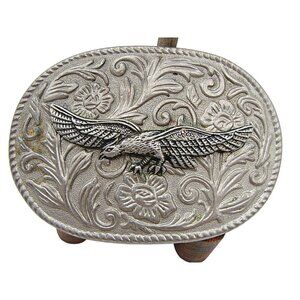 Vintage American Flying Eagle Silver Embossed Floral Scroll Belt Buckle 3x2"